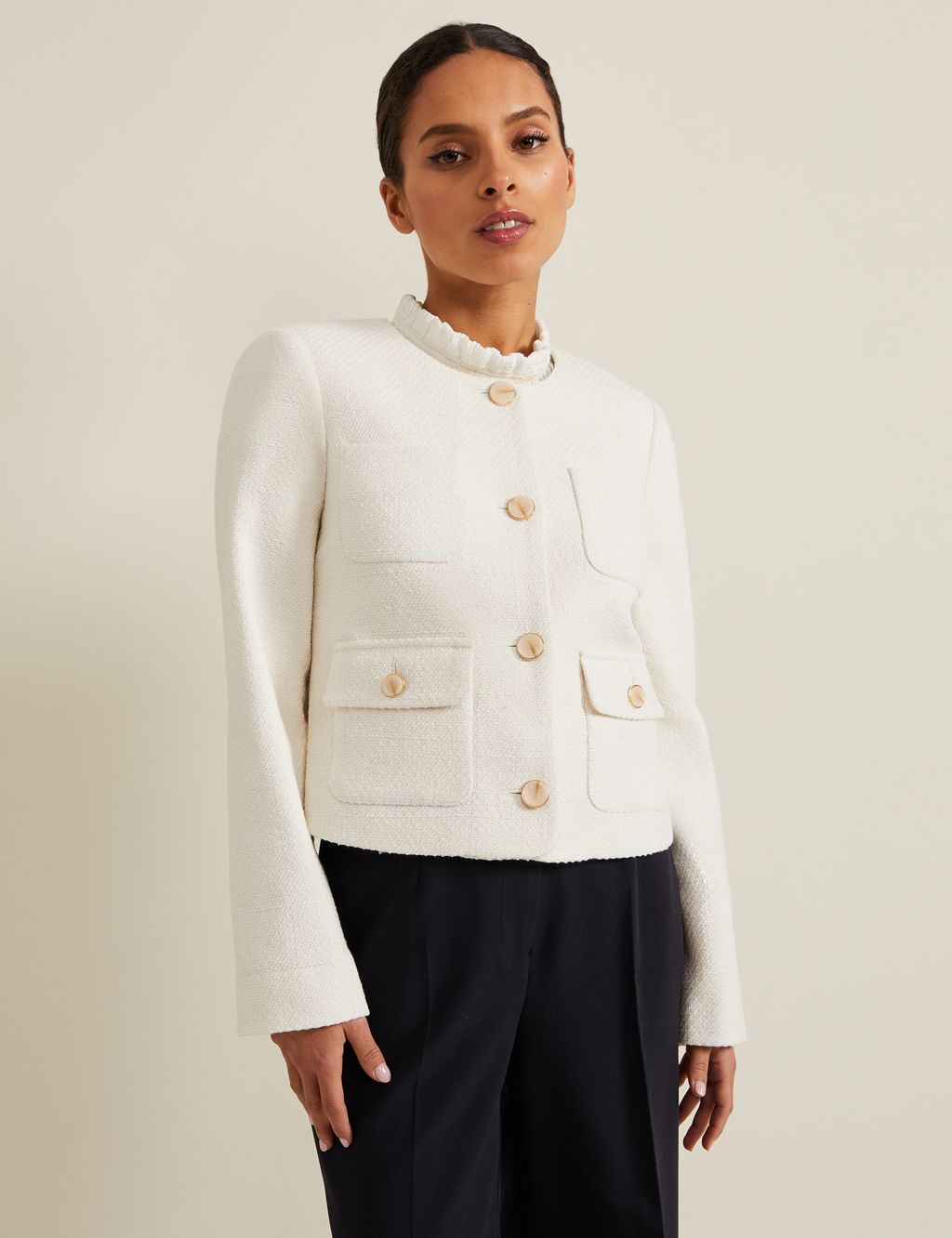 Textured Collarless Short Jacket with Cotton