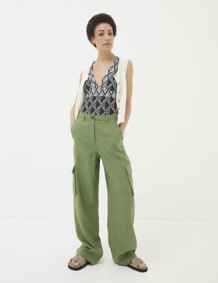 Fatface Womens Pure Linen Wide Leg Cargo Trousers - 6SHT - Green, Green