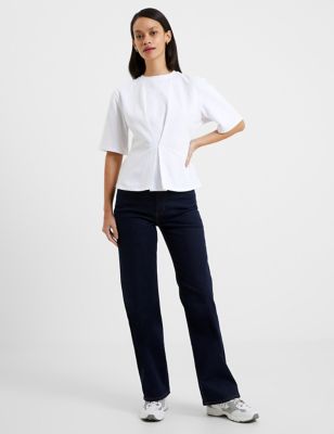 French Connection Women's Cotton Rich Fitted Peplum Top - White, White,Blue