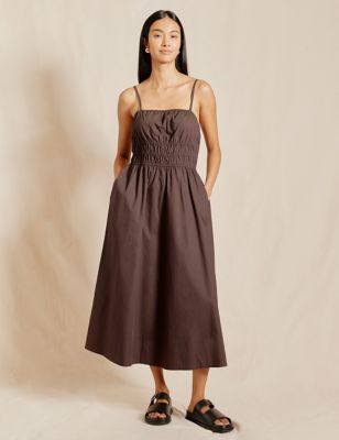 Albaray Womens Organic Cotton Strappy Midi Shirred Dress - 10 - Brown, Brown