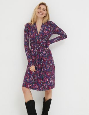 Fatface Womens Jersey Floral V-Neck Knee Length Wrap Dress - 8LNG - Purple Mix, Purple Mix