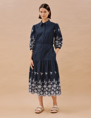 Albaray Womens Organic Cotton Broderie Midi Shirt Dress - 8 - Navy Mix, Navy Mix
