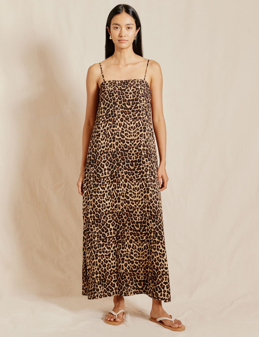 Animal Print Square Neck Maxi Shirred Dress