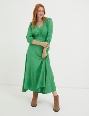 Fatface Womens Textured V-Neck Midaxi Skater Dress - 14REG - Green, Green