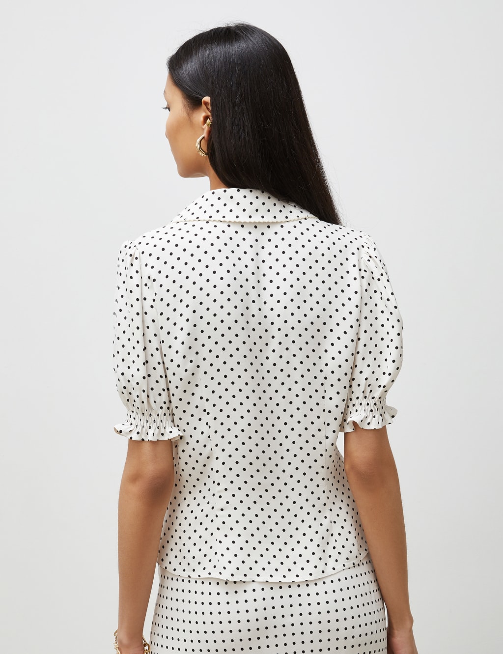Polka Dot Collared V-Neck Blouse image 3