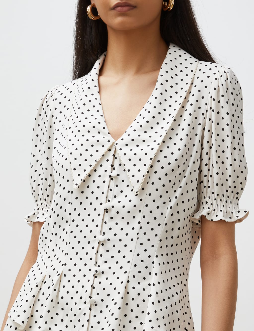 Polka Dot Collared V-Neck Blouse image 4