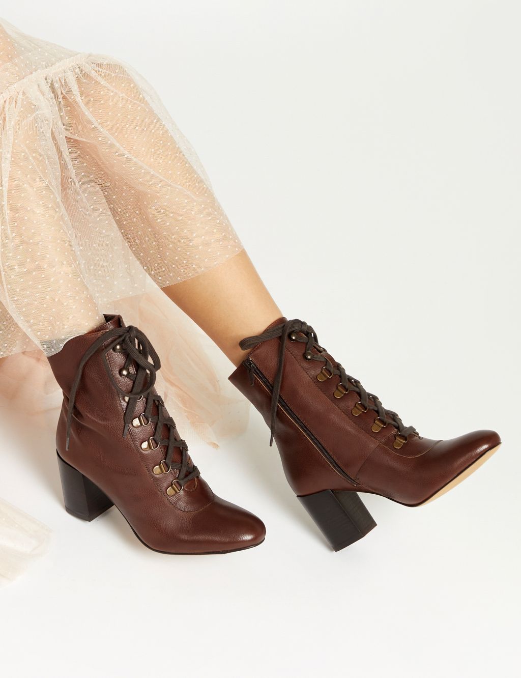 Leather Lace-Up Block Heel Ankle Boots