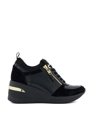 Dune London Women's Leather Lace Up Side Detail Wedge Trainers - 4 - Black, Black
