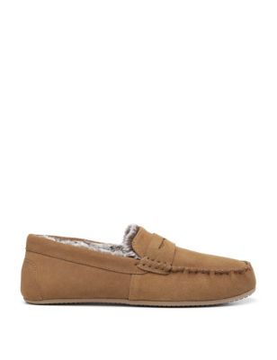 Hotter Mens Rest Suede Moccasin Slippers - 8 - Tan, Tan