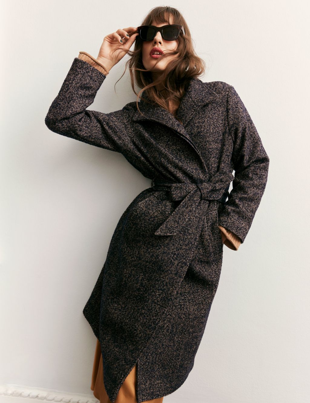 Wool Blend Textured Belted Longline Coat
