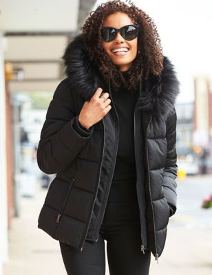 Sosandar Womens Padded Hooded Faux Fur Trim Puffer Jacket - 10 - Black, Black