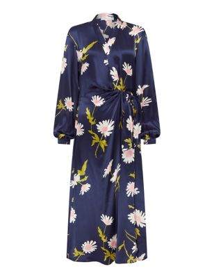 M&S Finery London Womens Floral V-Neck Tie Front Midi Wrap Dress