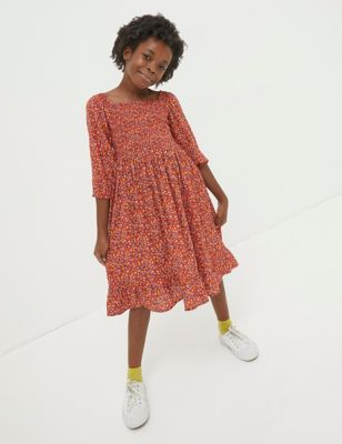 Fatface Girl's Floral Shirred Dress (3-13 Yrs) - 4-5 Y, Red
