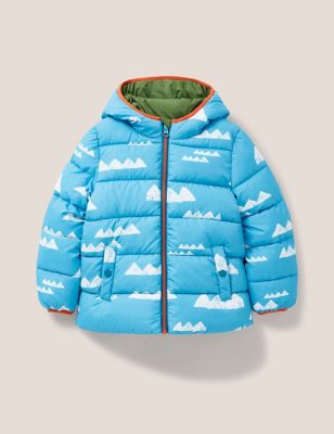 White Stuff Boys Cloud Print Hooded Quilted Padded Jacket (3-10 Yrs) - 7-8 Y - Blue Mix, Blue Mix