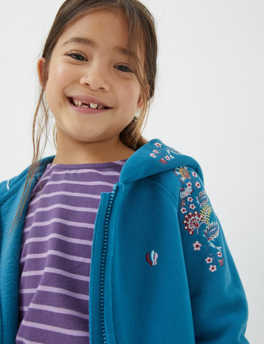 Cotton Rich Flower Embroidered Zip Hoodie (3-13 Yrs) image 4