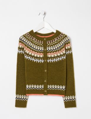 Fatface Girl's Knitted Fair Isle Cardigan (3-13 Yrs) - 8-9 Y - Green Mix, Green Mix