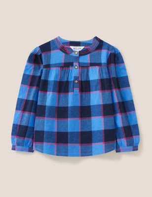 White Stuff Girls Pure Cotton Checked Top (3-10 Yrs) - 7-8Y - Blue Mix, Blue Mix