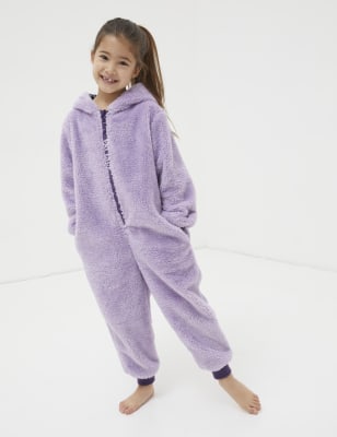 Fatface Girls Fleece Sparkle Hooded Onesie (3-13 Yrs) - 4-5 Y - Purple Mix, Purple Mix