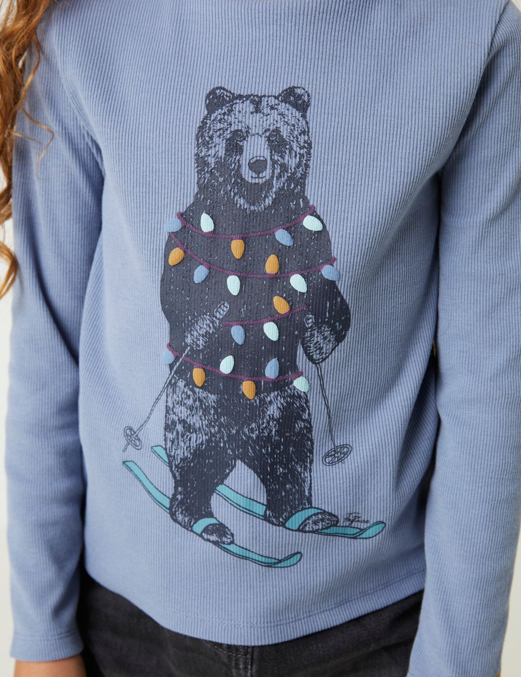 Cotton Blend Skiing Bear Ribbed T-Shirt (3-13 Yrs) image 4