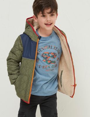 Fatface Boys Quilted Fleece Lined Hooded Jacket (3-13 Yrs) - 11-12 - Green, Green