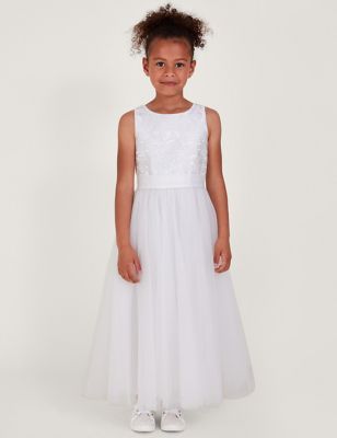 Monsoon Girls Embroidered Tulle Occasion Dress (3-13 Yrs) - 12-13 - Natural, Natural