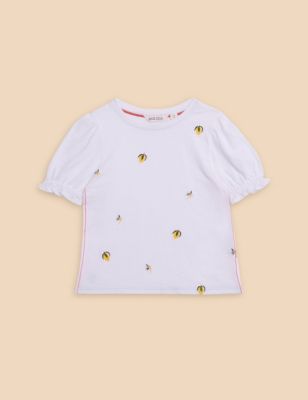 White Stuff Girl's Pure Cotton Lemon T-Shirt (3-10 Yrs) - 3-4 Y, White