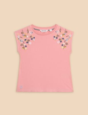 White Stuff Girl's Pure Cotton Floral T-Shirt (3-10 Yrs) - 5-6 Y - Pink, Pink