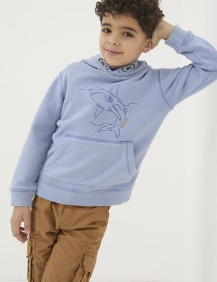 Fatface Boy's Pure Cotton Embroidered Shark Hoodie (3-13 Yrs) - 3-4 Y - Blue Mix, Blue Mix