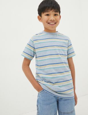 Fatface Boy's Pure Cotton Striped T-Shirt (3-13 Yrs) - 4-5 Y - Blue Mix, Blue Mix