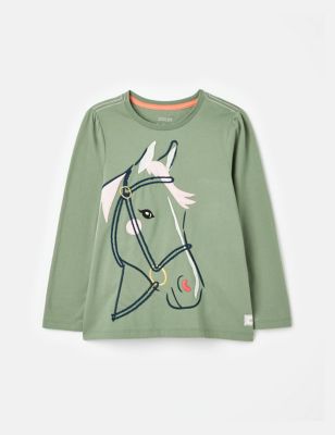 Joules Girls Cotton Rich Horse Top (2-8 Yrs) - 8y - Green Mix, Green Mix