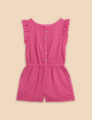 White Stuff Girls Pure Cotton Gingham Playsuit (3-10 Years) - 7-8 Y - Pink Mix, Pink Mix