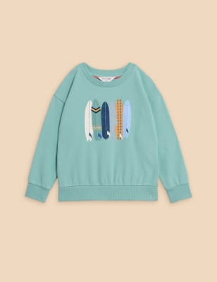 White Stuff Boys Pure Cotton Surfboard Graphic Sweatshirt (3-10 Years) - 7-8 Y - Green Mix, Green Mi