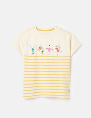 Joules Girl's Pure Cotton Striped Embroidered T-Shirt (2-8 Yrs) - 7y - Gold Mix, Gold Mix