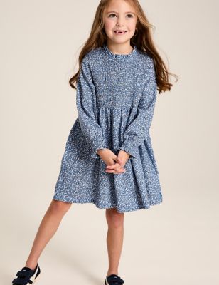 Joules Girl's Pure Cotton Floral Shirred Dress (2-10 Yrs) - 7y - Blue Mix, Blue Mix