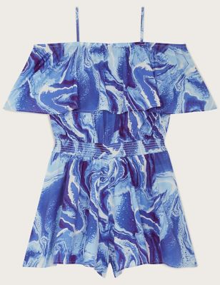 Monsoon Girl's Marble Print Frill Playsuit (7-15 Yrs) - 15Y - Blue Mix, Blue Mix