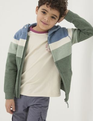 Fatface Boys Pure Cotton Colour Block Zip Hoodie (3-13 Yrs) - 6-7 Y - Green Mix, Green Mix