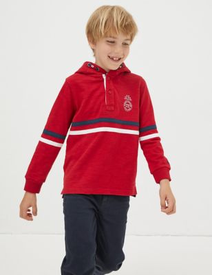 Fatface Boys Pure Cotton Hooded Striped T-Shirt (3-13 Yrs) - 4-5 Y - Red Mix, Red Mix