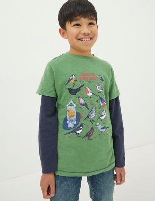 Fatface Boy's Pure Cotton Bird Print T-Shirts (3-13 Yrs) - 5-6 Y - Green Mix, Green Mix