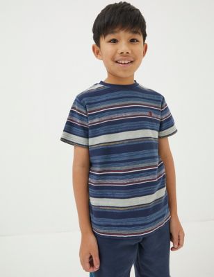 Fatface Boy's Pure Cotton Striped T-Shirt (3-13 Yrs) - 6-7 Y - Navy Mix, Navy Mix