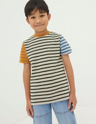 Fatface Boys Pure Cotton Striped T-Shirt (3-13 Yrs) - 5-6 Y - Natural Mix, Natural Mix
