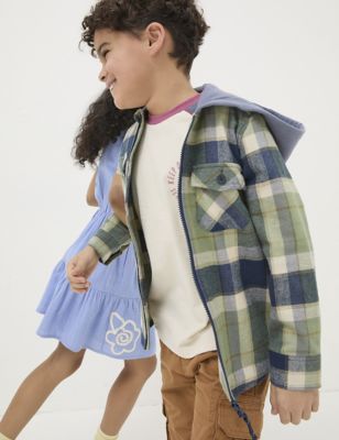Fatface Boy's Pure Cotton Check Hooded Shacket (3-13 Yrs) - 3-4 Y - Green Mix, Green Mix