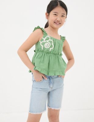 Fatface Girl's Pure Cotton Flower Embroidered Top (3-13 Yrs) - 4-5 Y - Green Mix, Green Mix