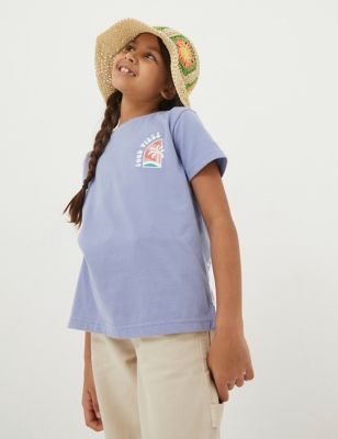 Fatface Girl's Pure Cotton Good Vibes T-Shirt (3-13 Years) - 3-4 Y - Blue Mix, Blue Mix