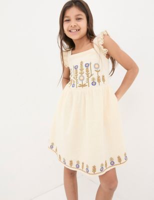 Fatface Girl's Pure Cotton Floral Dress (3-13 Yrs) - 4-5 Y - White Mix, White Mix