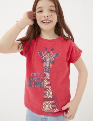Fatface Girl's Pure Cotton Giraffe T-Shirt (3-13 Yrs) - 4-5 Y - Red Mix, Red Mix