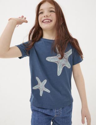 Fatface Girl's Pure Cotton Starfish T-Shirt (3-13 Yrs) - 4-5 Y - Navy Mix, Navy Mix