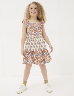 Fatface Girl's Cotton Rich Floral Shirred Dress (3-13 Yrs) - 4-5 Y - Natural Mix, Natural Mix