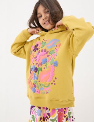 Fatface Girl's Cotton Rich Embroidered Hoodie (3-13 Yrs) - 3-4 Y - Yellow Mix, Yellow Mix