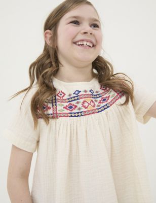 Fatface Girl's Pure Cotton Embroidered Top (3-13 Yrs) - 4-5 Y - Ivory Mix, Ivory Mix