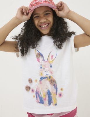 Fatface Girl's Pure Cotton Bunny T-Shirt (3-13 Yrs) - 9-10Y - White Mix, White Mix